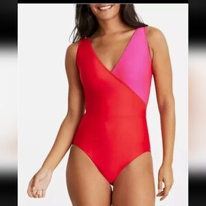 NWT Hermoza Vera Color Block Red pink Surplice One Piece Swim Suit Sz 6